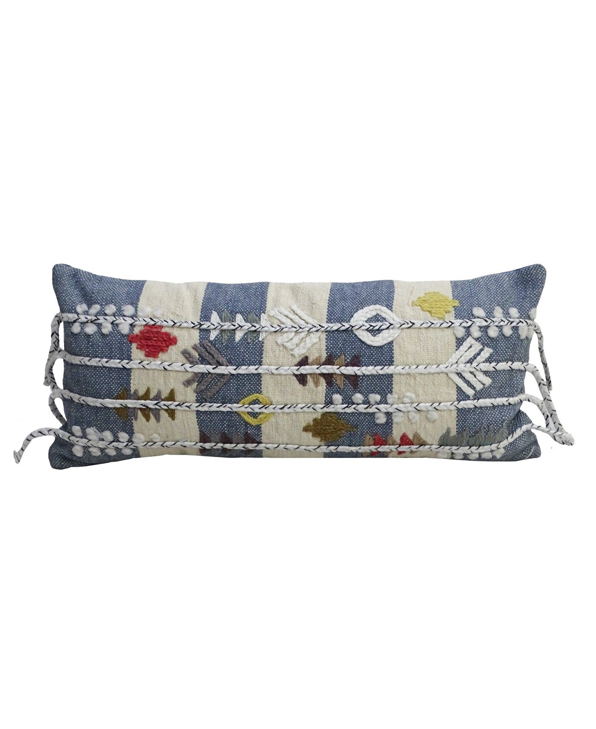 Throw pillows decorative embroidery 12x30 by Vibhsa with blue striped denim, floral accents on Tampa Home & Garden Store
