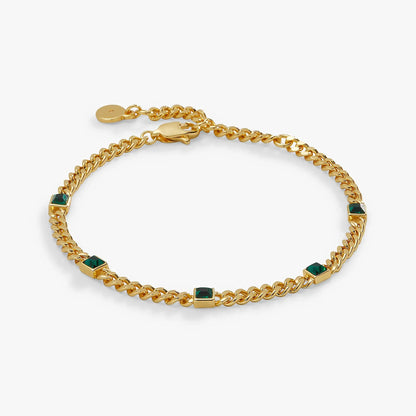 May Birthstone Emerald Curb Chain Bracelet with gold-tone curb chain and emerald-green stones on Tampa Home & Garden Store