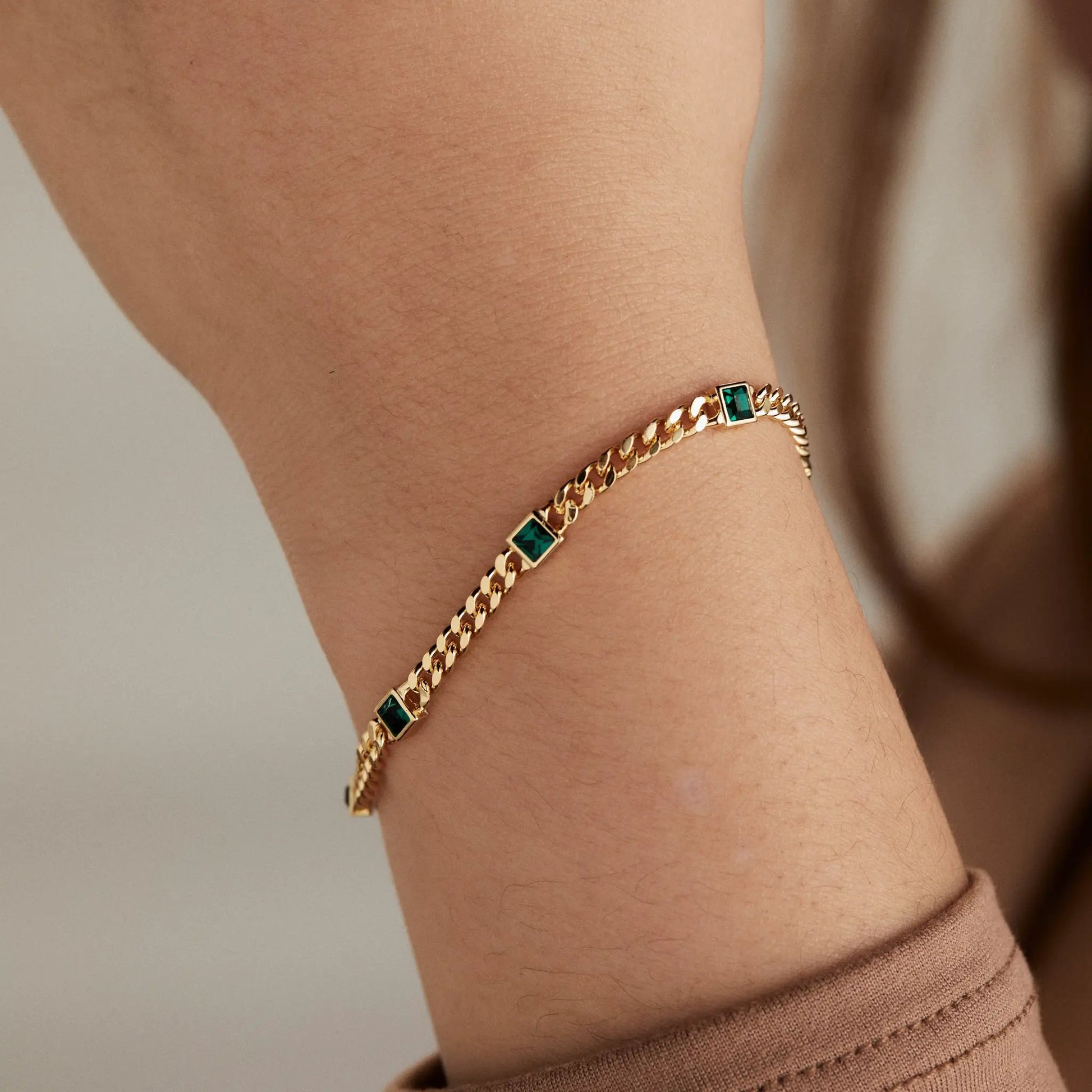 May Birthstone Emerald Curb Chain Bracelet by Alex and Ani with emerald stones on gold chain on Tampa Home & Garden Store