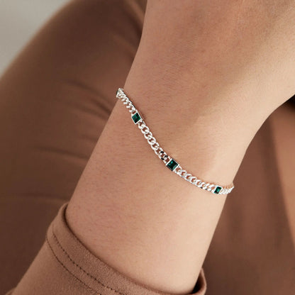 May Birthstone Emerald Curb Chain Bracelet with green square-cut emeralds in silver bezels on Tampa Home & Garden Store