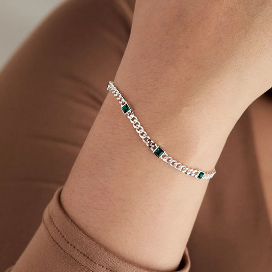 May Birthstone Emerald Curb Chain Bracelet with green square-cut emeralds in silver bezels on Tampa Home & Garden Store