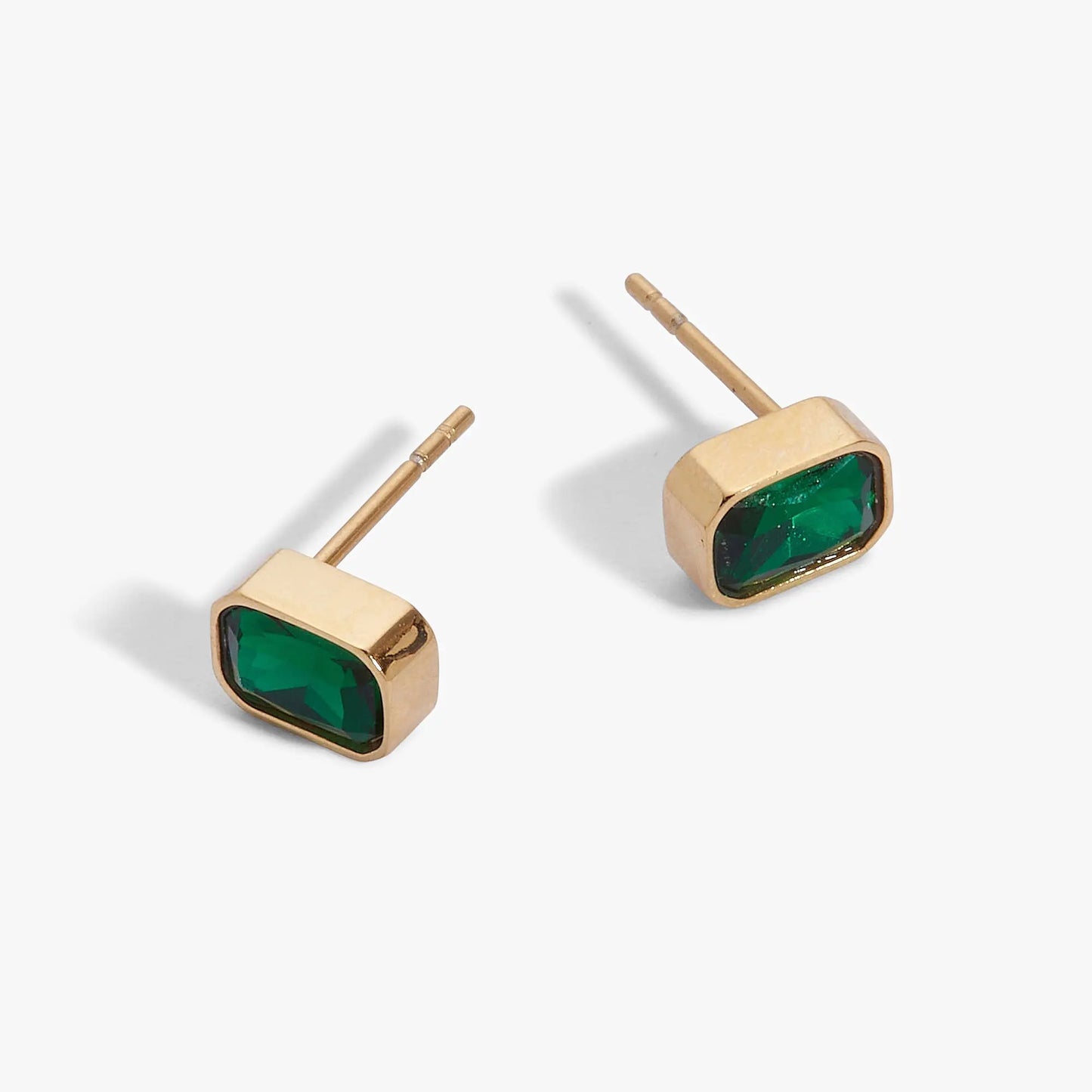 May emerald-cut birthstone stud earrings by Alex and Ani, gold-tone settings, green stones pair on Tampa Home & Garden Store