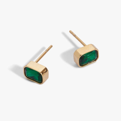 May emerald-cut birthstone stud earrings by Alex and Ani, gold-tone settings, green stones pair on Tampa Home & Garden Store