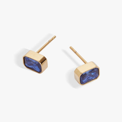 September Emerald-Cut Stud Earrings sapphire blue stones in gold-tone settings Alex and Ani on Tampa Home & Garden Store