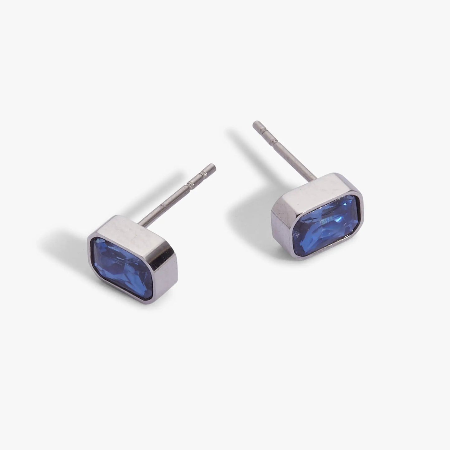 September Emerald-Cut Birthstone Stud Earrings by ALEX AND ANI; blue stones in silver settings on Tampa Home & Garden Store