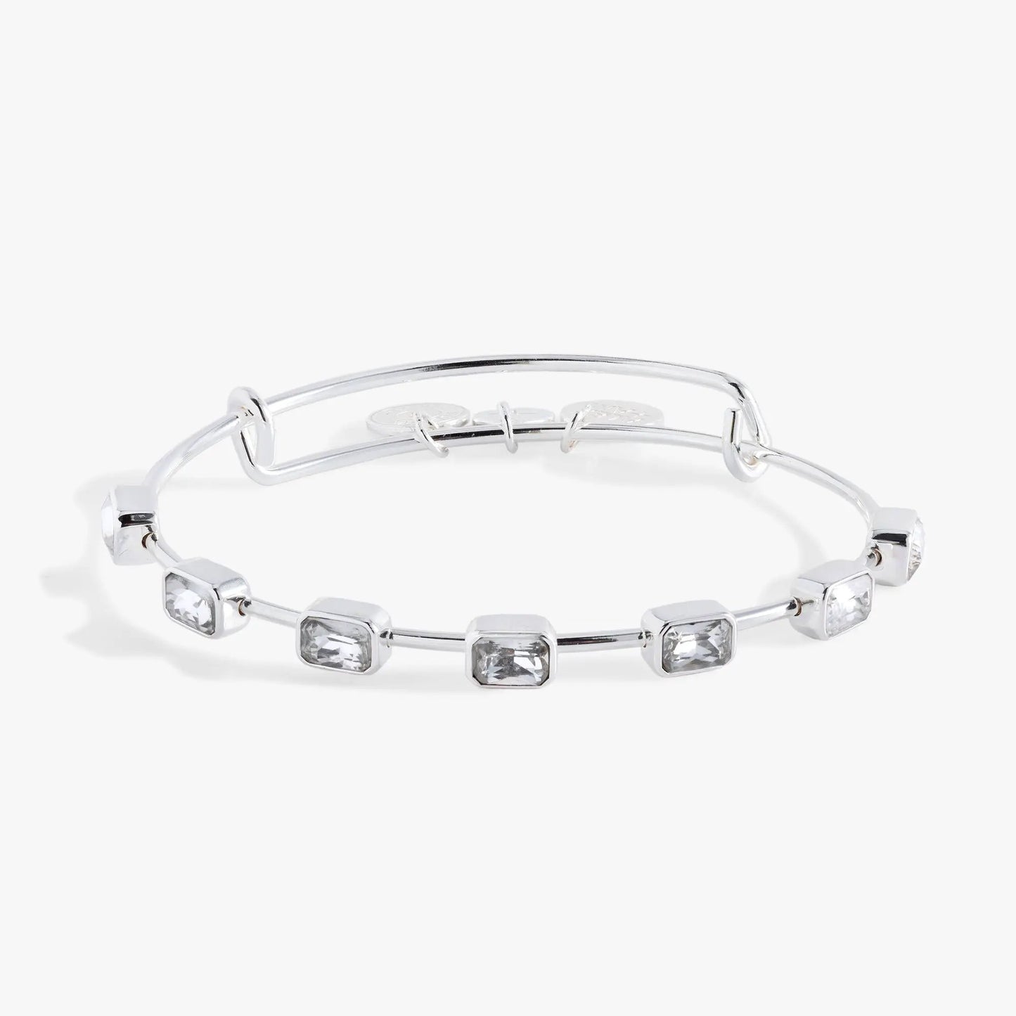 April Birthstone Emerald-cut Bangle bracelet by Alex and Ani with square-cut clear stones on Tampa Home & Garden Store