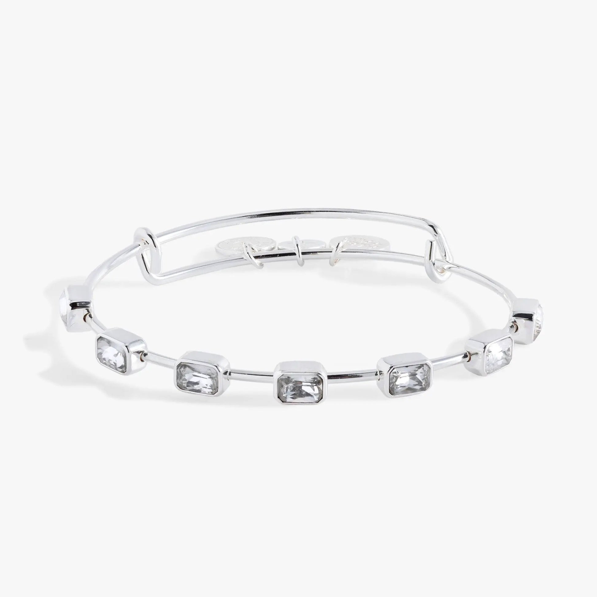 April Birthstone Emerald-cut Bangle bracelet by Alex and Ani with square-cut clear stones on Tampa Home & Garden Store