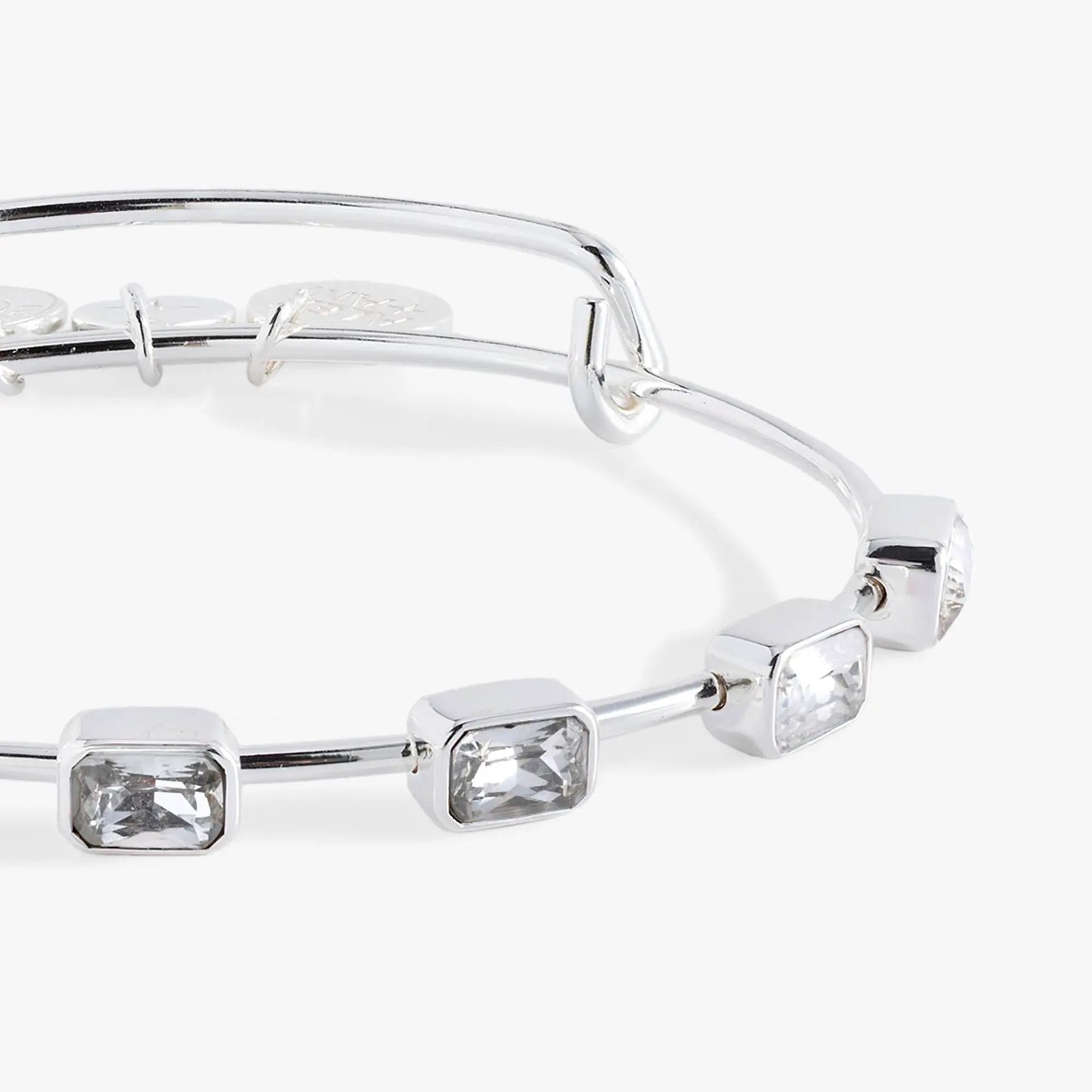 Alex and Ani April Birthstone Emerald Cut Bangle bracelet with clear square-cut stones in silver on Tampa Home & Garden Store