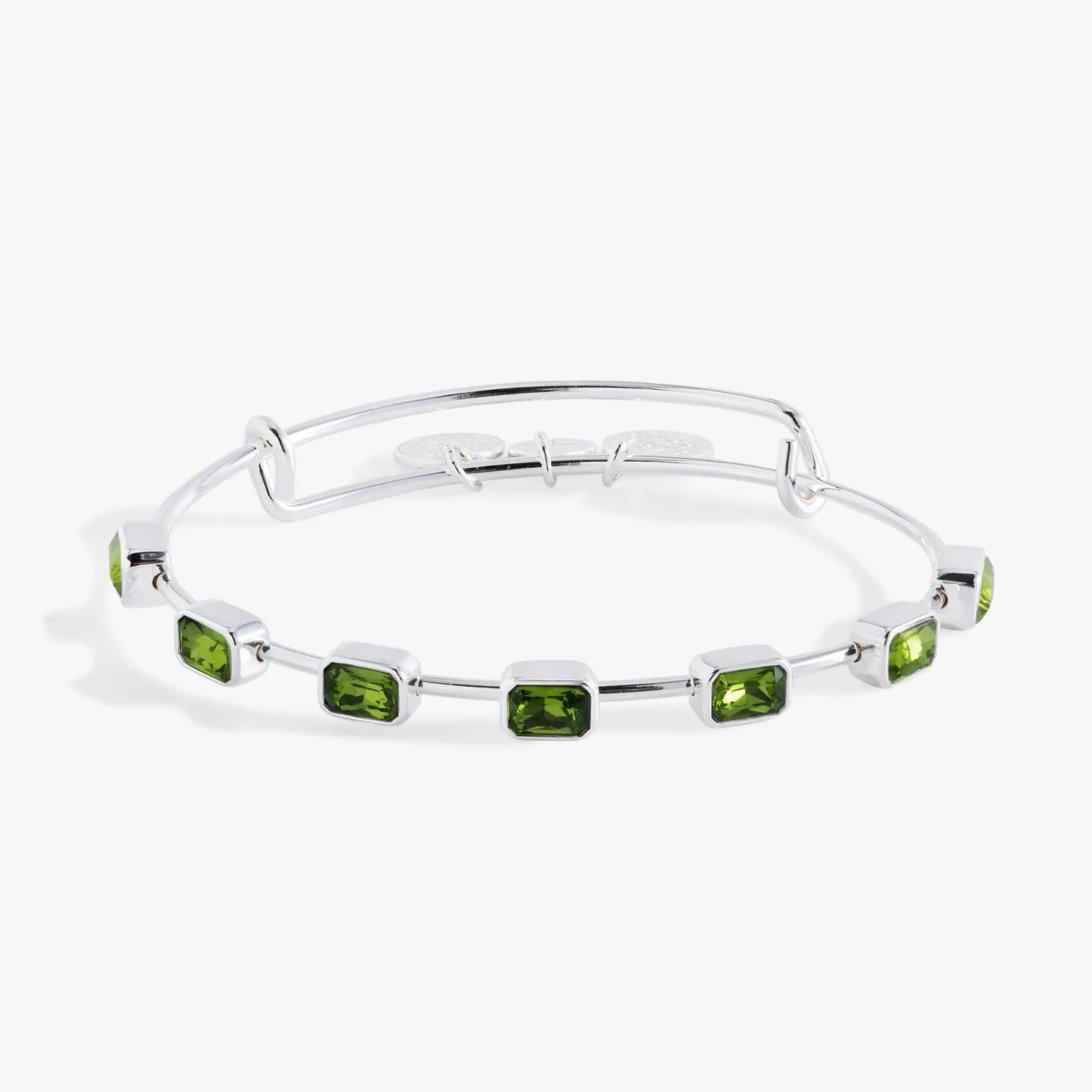 August Birthstone Emerald Cut Bangle by ALEX AND ANI, silver bracelet with green stones on Tampa Home & Garden Store