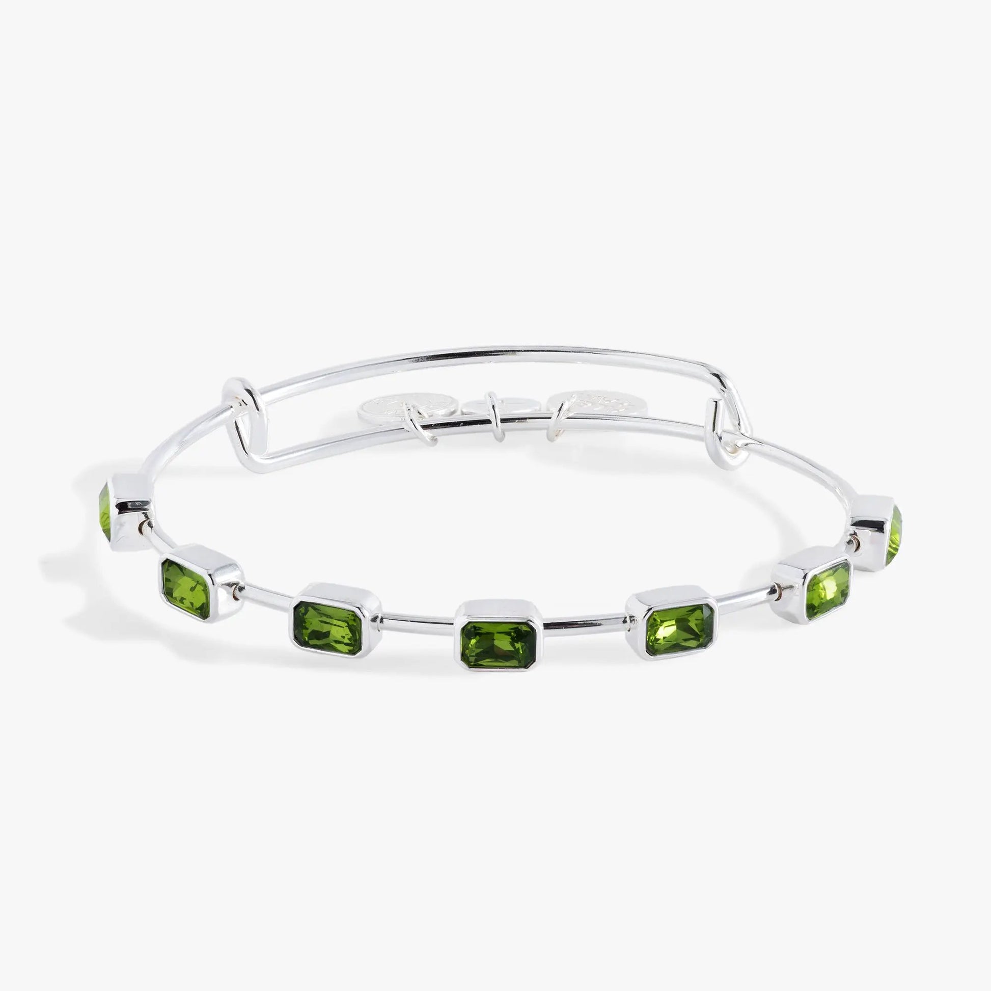 August Birthstone Emerald Cut Bangle by ALEX AND ANI, silver bracelet with green stones on Tampa Home & Garden Store