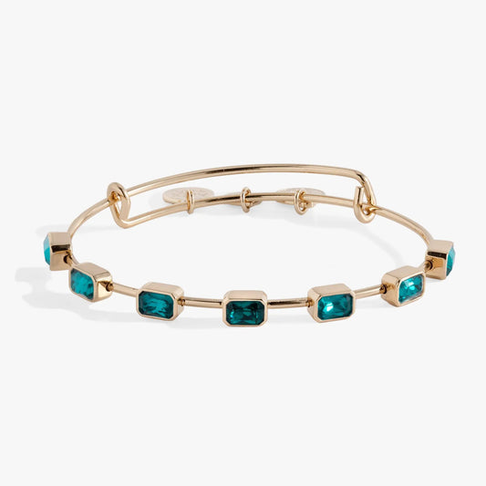 December Birthstone Emerald Cut Bangle by ALEX AND ANI with teal stones on gold-tone band on Tampa Home & Garden Store