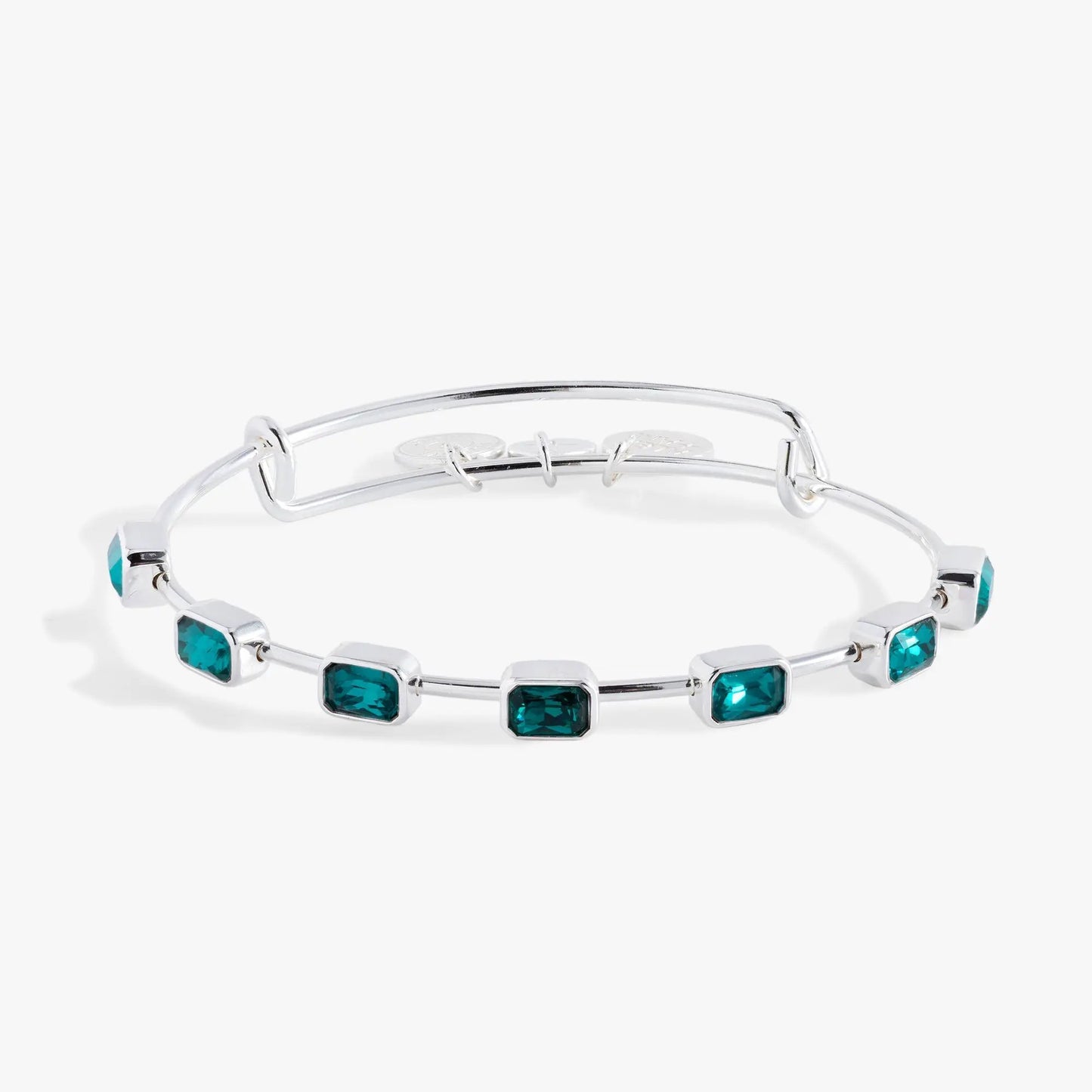 Bracelet: December Birthstone Emerald-Cut Bangle by Alex and Ani, silver with teal stones on Tampa Home & Garden Store