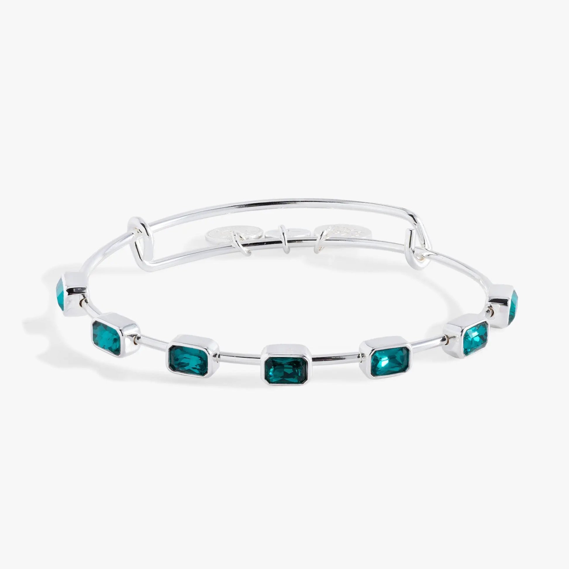 Bracelet: December Birthstone Emerald-Cut Bangle by Alex and Ani, silver with teal stones on Tampa Home & Garden Store
