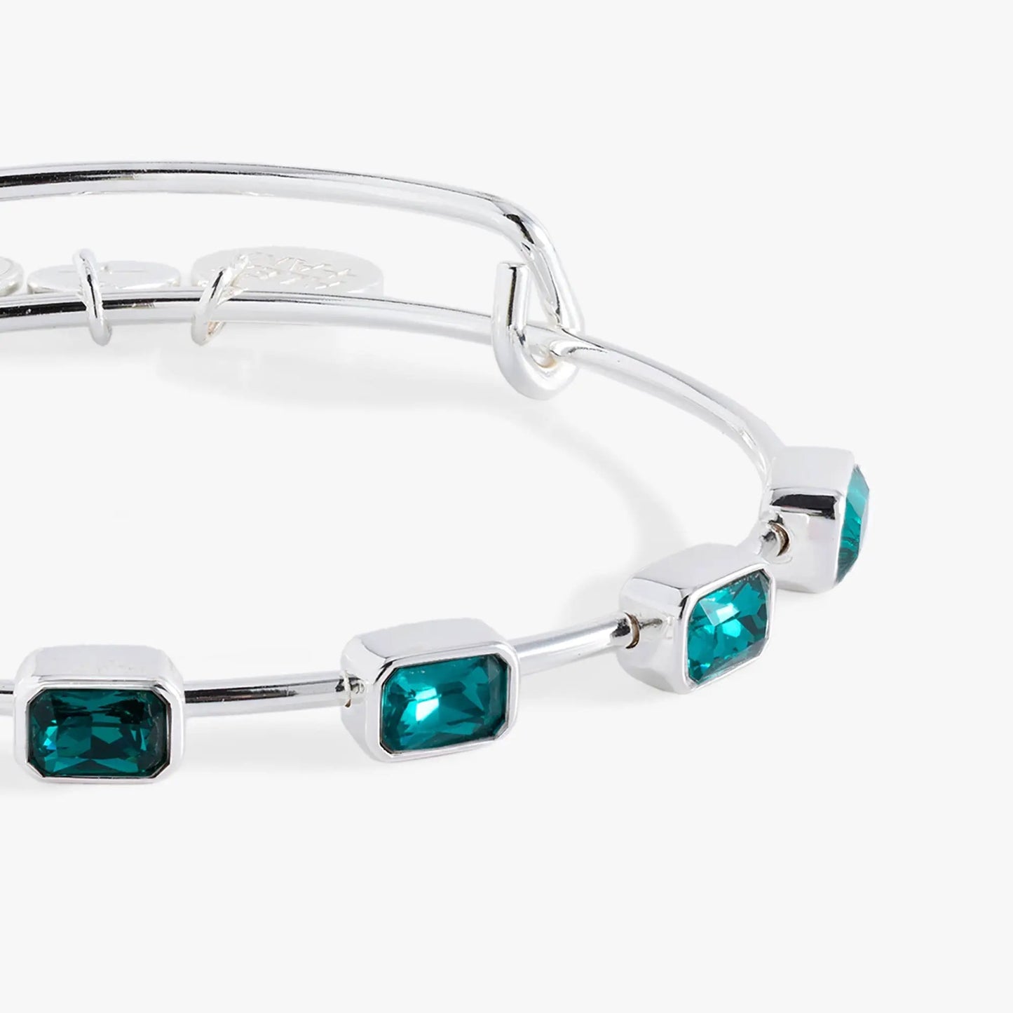 ALEX AND ANI December Birthstone Emerald Cut Bangle with teal emerald-cut stones in silver on Tampa Home & Garden Store