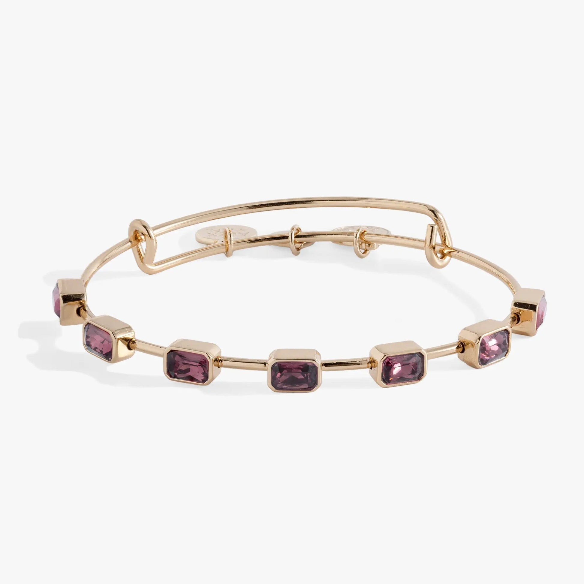 February Birthstone Emerald Cut Bangle by ALEX AND ANI in rose gold with purple amethyst stones on Tampa Home & Garden Store