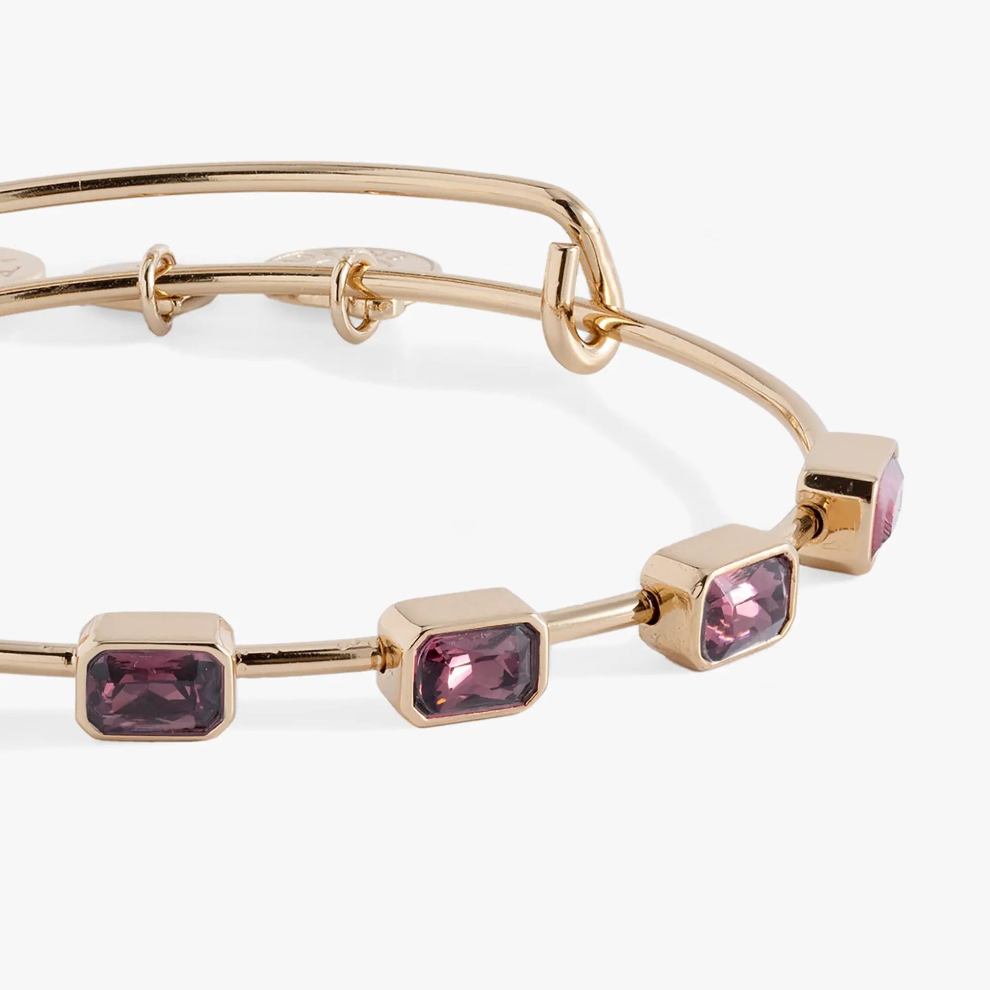 Alex and Ani February Birthstone Emerald Cut Bangle with pink square-cut gems in rose gold-tone on Tampa Home & Garden Store