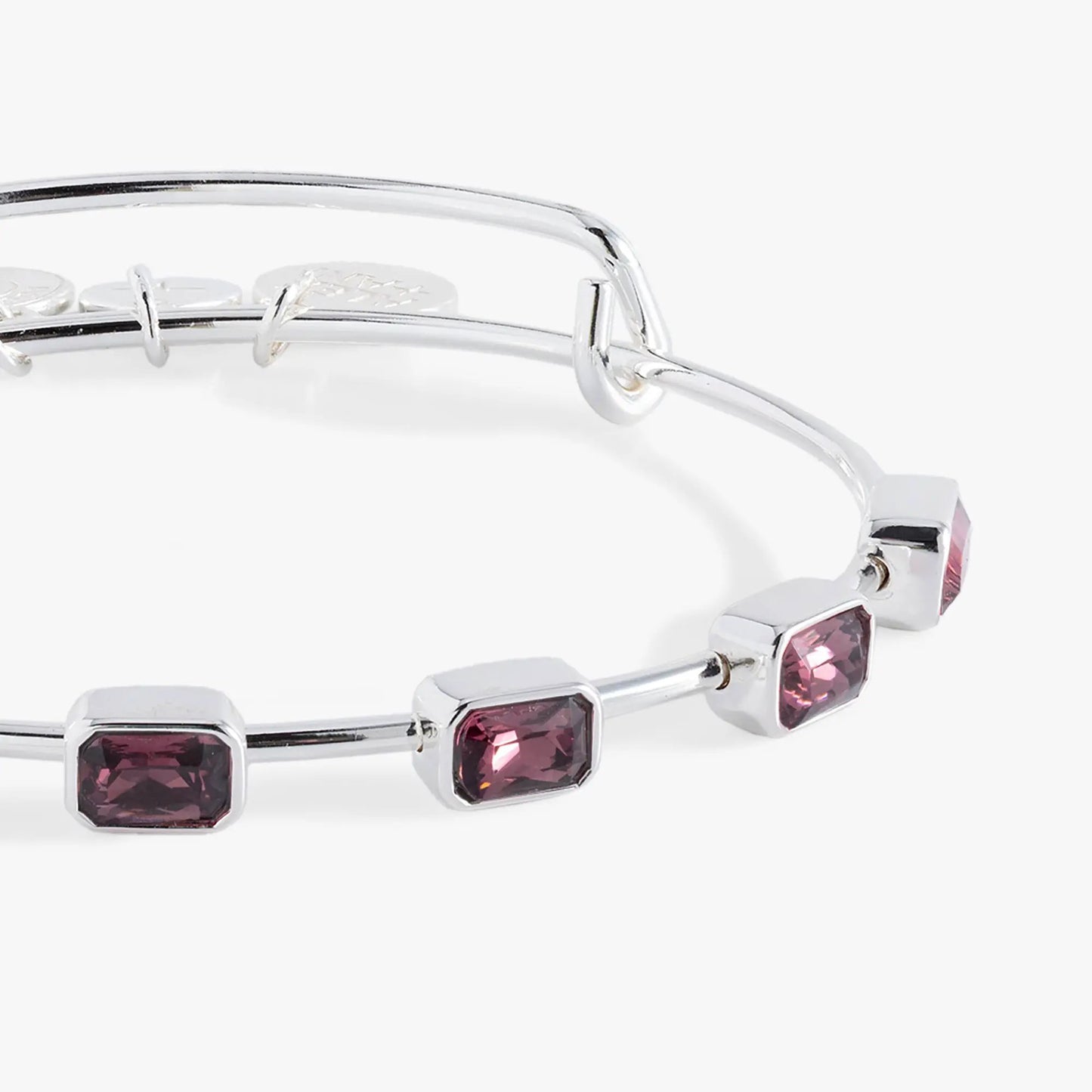 Emerald-cut pink birthstone bangle bracelet by Alex and Ani, silver-tone metal, two shown on Tampa Home & Garden Store