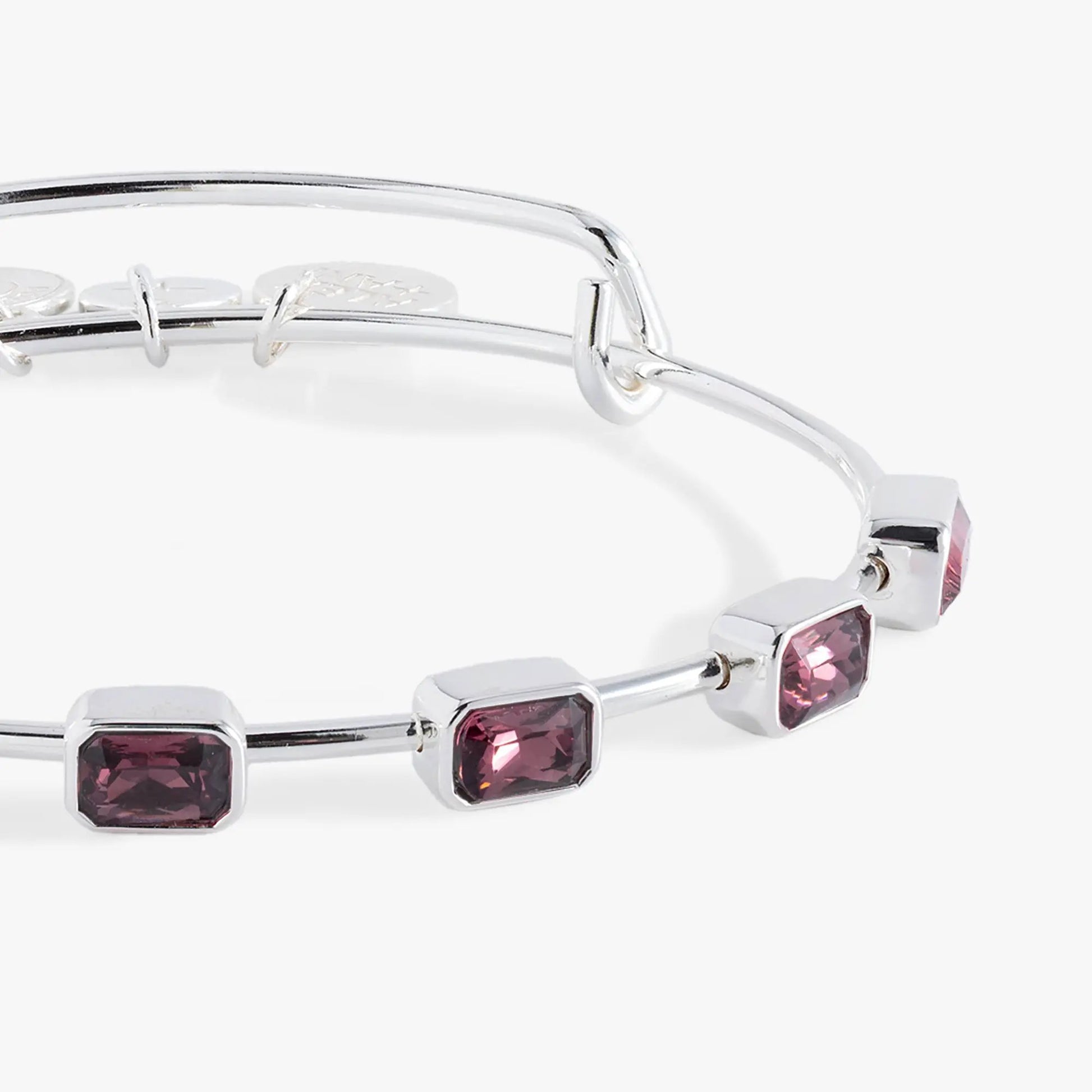 Emerald-cut pink birthstone bangle bracelet by Alex and Ani, silver-tone metal, two shown on Tampa Home & Garden Store