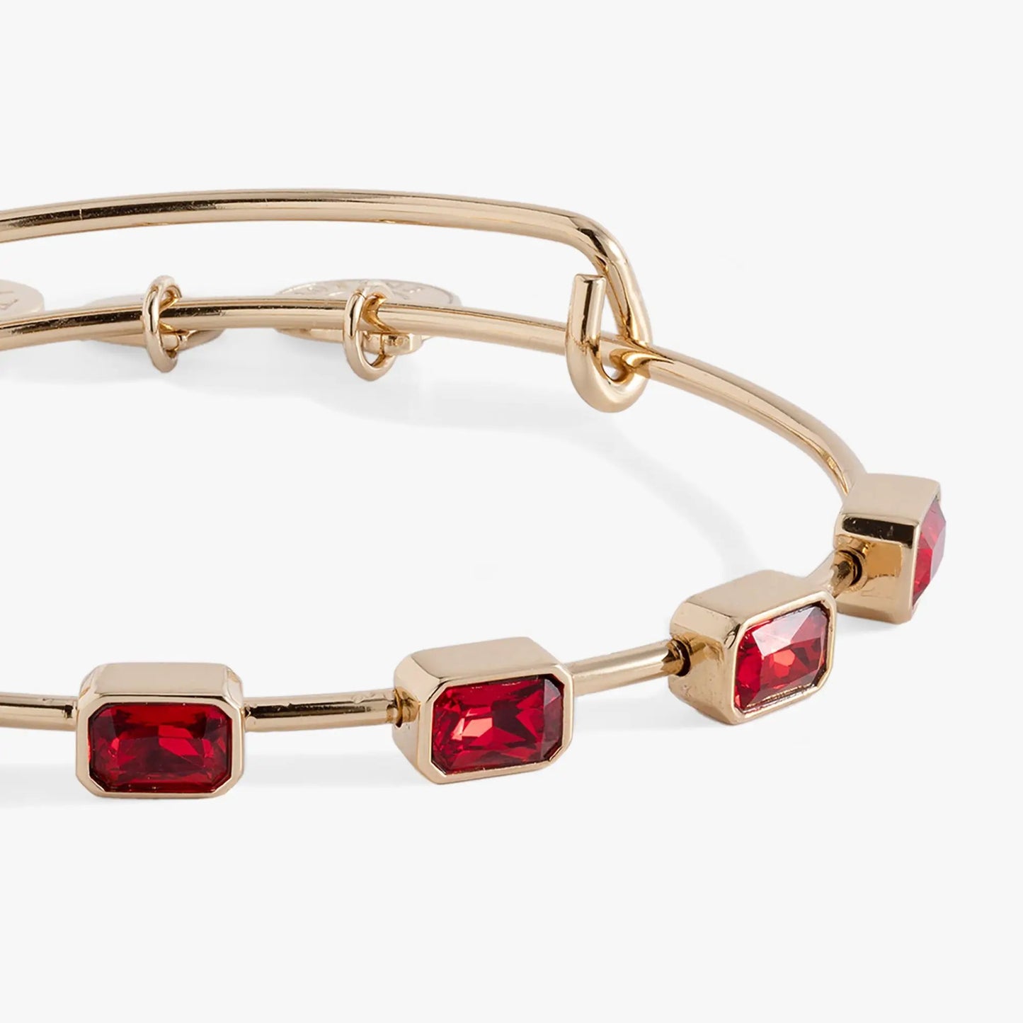 Rose gold ALEX AND ANI January birthstone emerald-cut garnet bangle with square red stones on Tampa Home & Garden Store