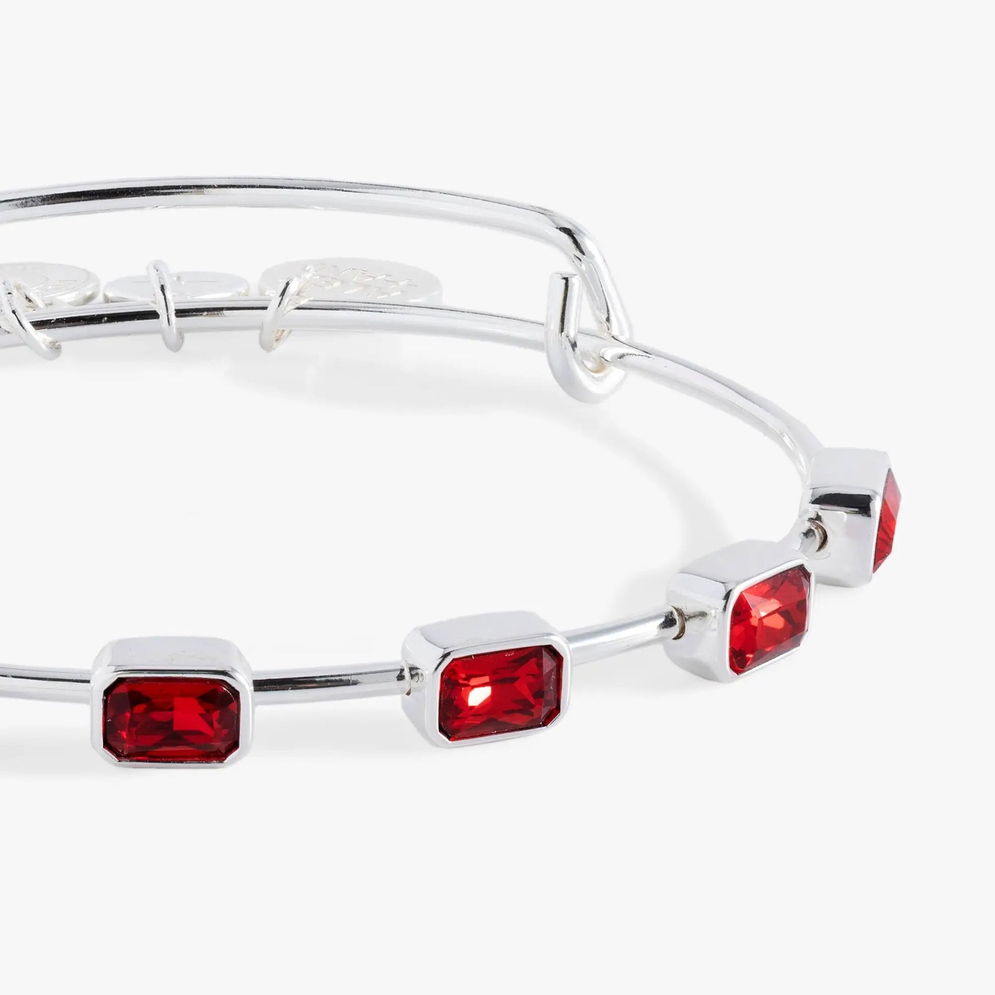 January Birthstone Emerald Cut Bangle by Alex and Ani with red emerald-cut stones in silver links on Tampa Home & Garden Store