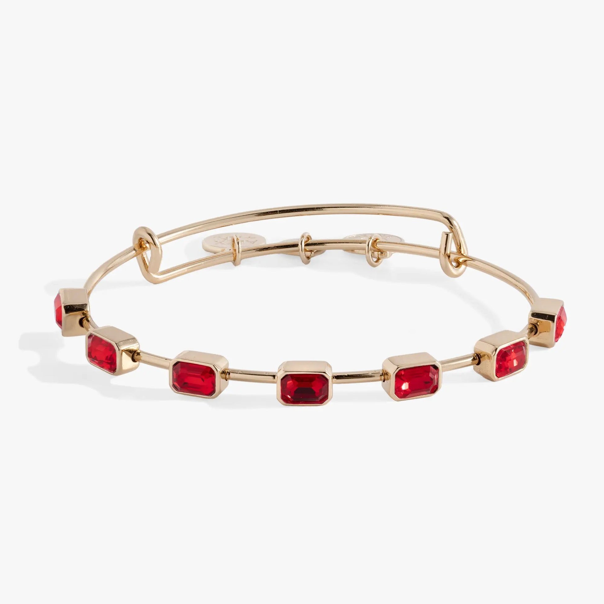 Bracelet: ALEX AND ANI July Birthstone Emerald Cut Bangle in rose gold with red stones on Tampa Home & Garden Store