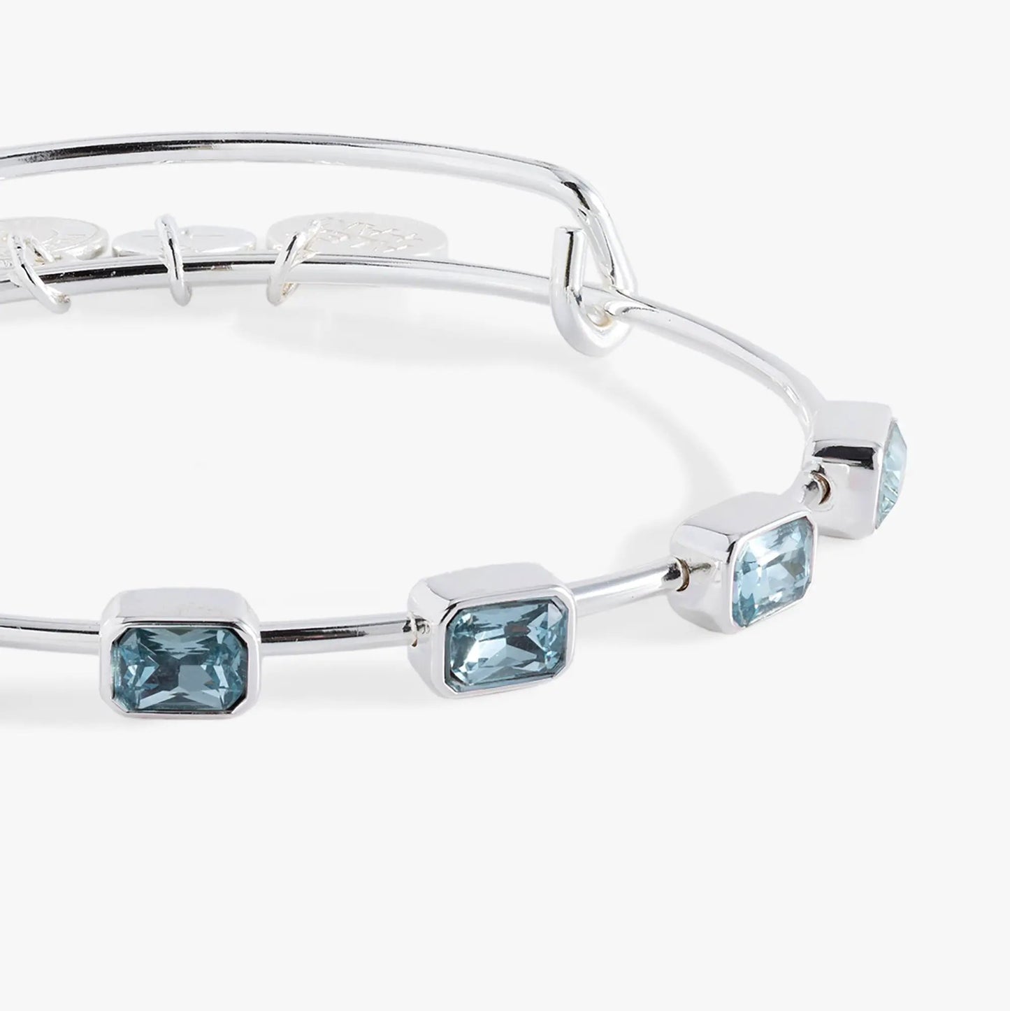 March Birthstone Emerald Cut Bangle with blue stones in a silver setting by Alex and Ani on Tampa Home & Garden Store
