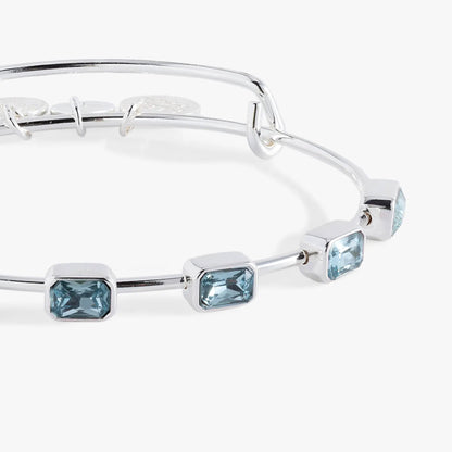 March Birthstone Emerald Cut Bangle with blue stones in a silver setting by Alex and Ani on Tampa Home & Garden Store