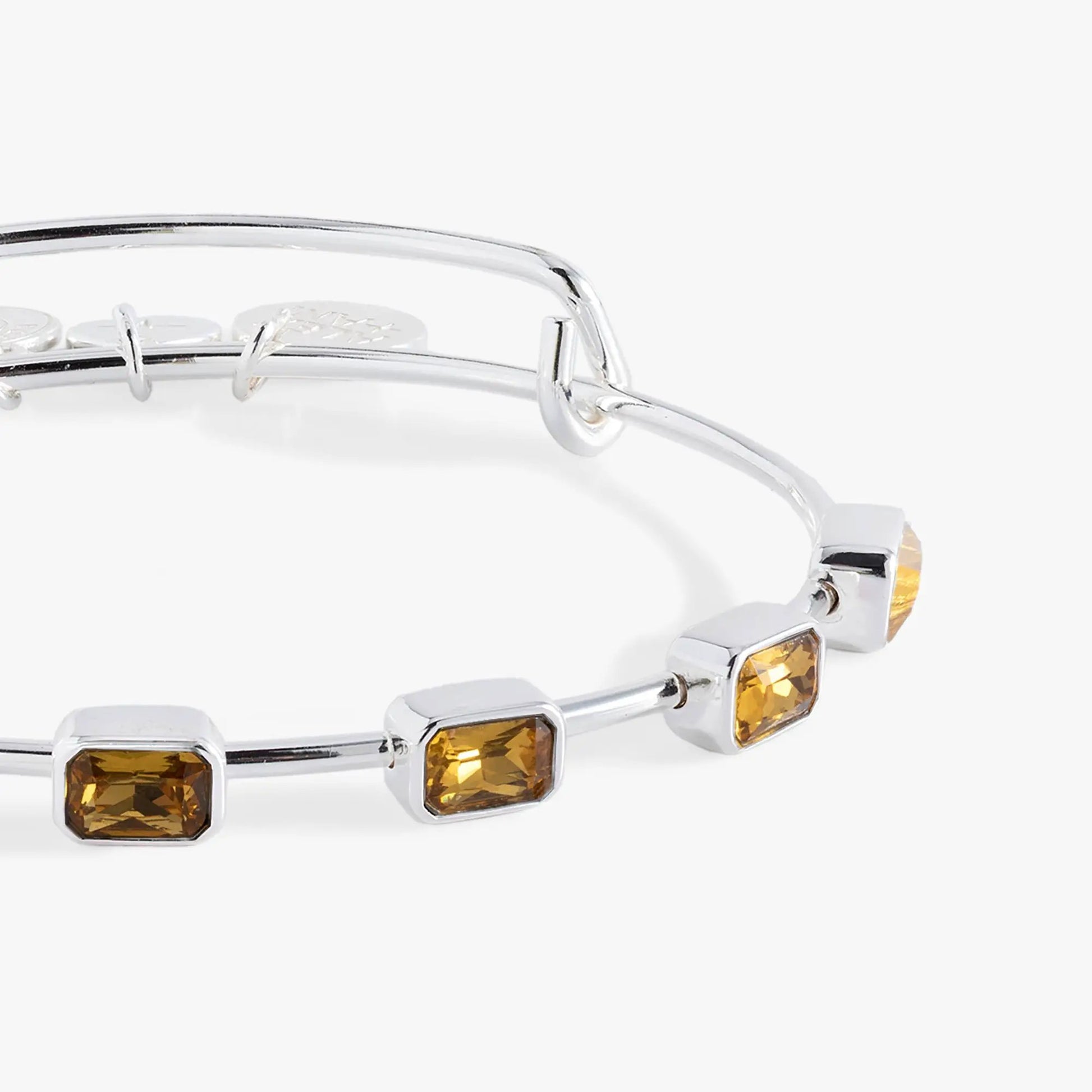Bracelet: ALEX AND ANI November Emerald Cut Bangle with amber citrine stones on silver band on Tampa Home & Garden Store