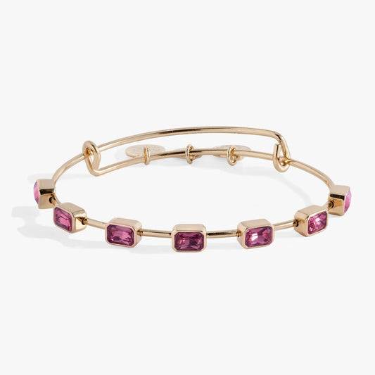 October Birthstone Emerald Cut Bangle by Alex and Ani, gold-tone bracelet with pink stones on Tampa Home & Garden Store