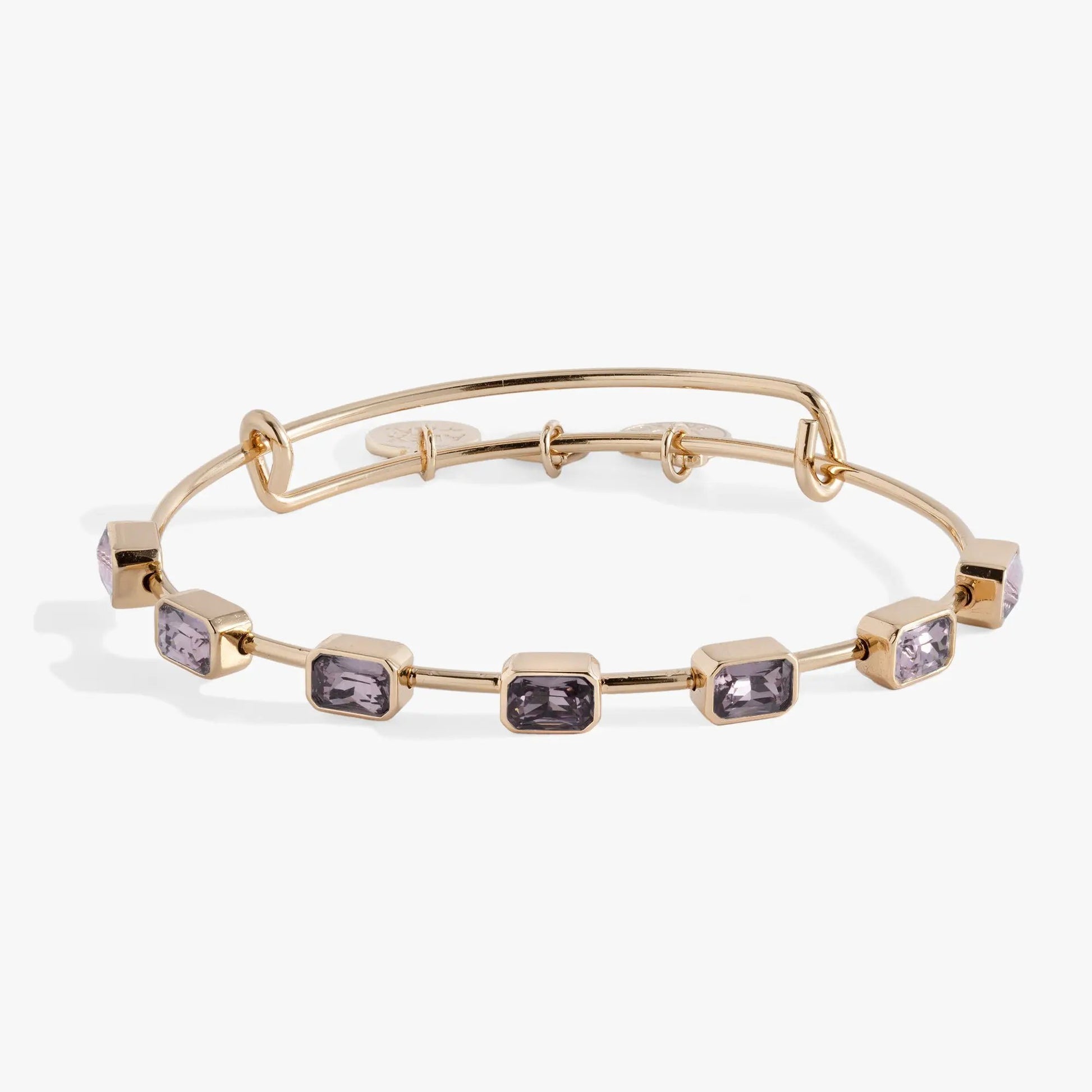 Bracelet June Birthstone Emerald Cut Bangle by Alex and Ani in rose gold with purple stones on Tampa Home & Garden Store