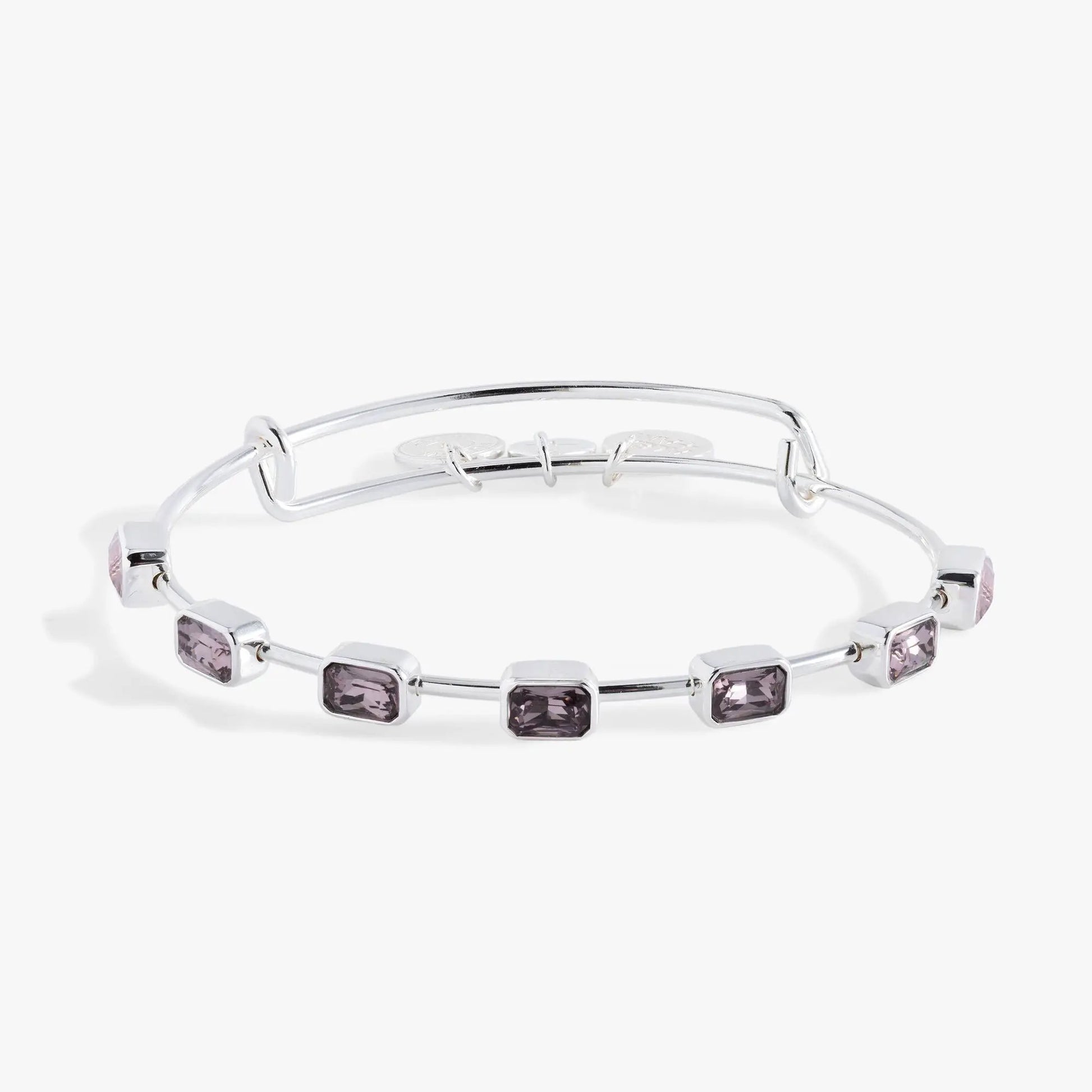 June birthstone emerald-cut bangle with purple stones in silver-tone links by Alex and Ani on Tampa Home & Garden Store