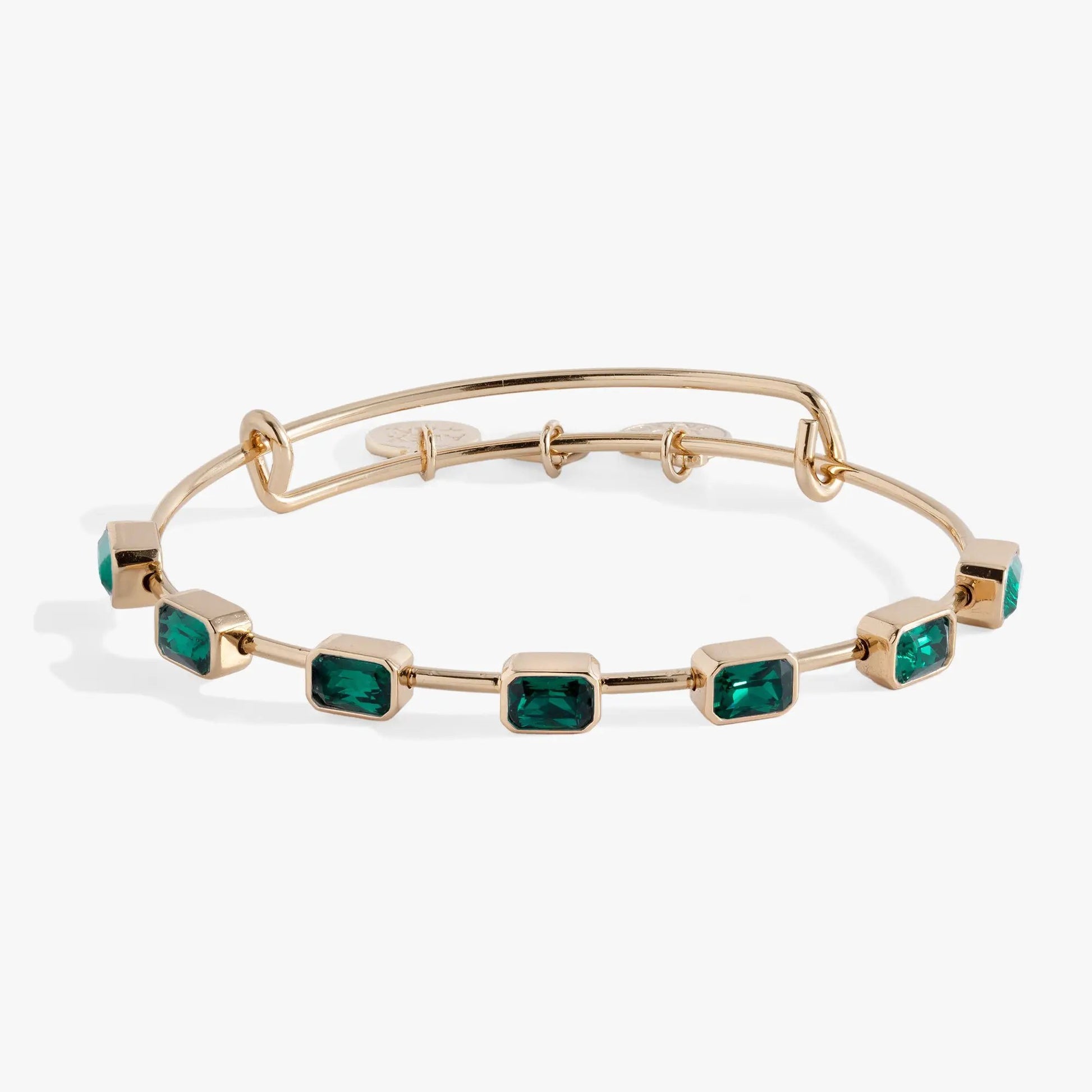 May Birthstone Emerald Cut Bangle bracelet by ALEX AND ANI with green stones in gold-tone metal on Tampa Home & Garden Store