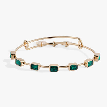 May Birthstone Emerald Cut Bangle bracelet by ALEX AND ANI with green stones in gold-tone metal on Tampa Home & Garden Store