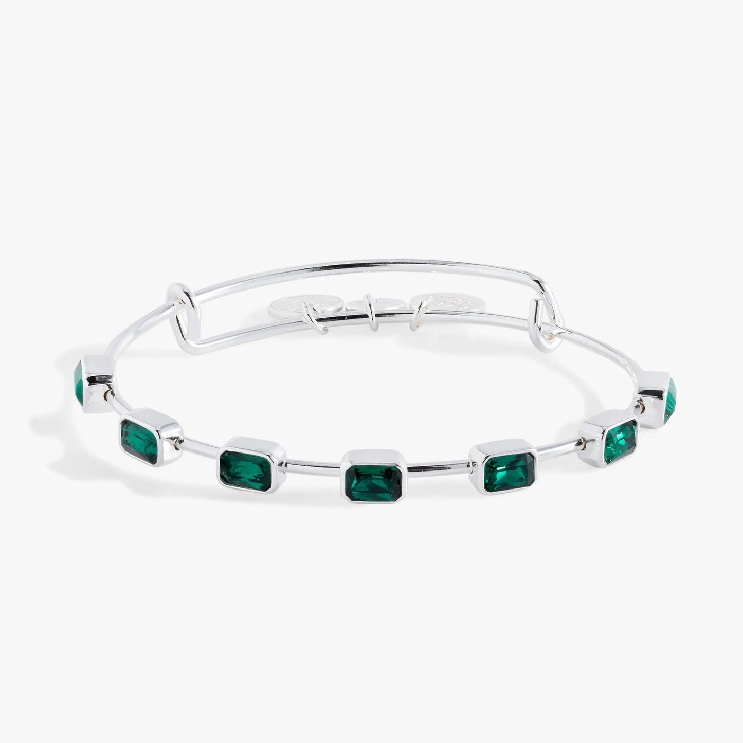 May Birthstone Emerald Cut Bangle by ALEX AND ANI with emerald-green stones on silver links on Tampa Home & Garden Store