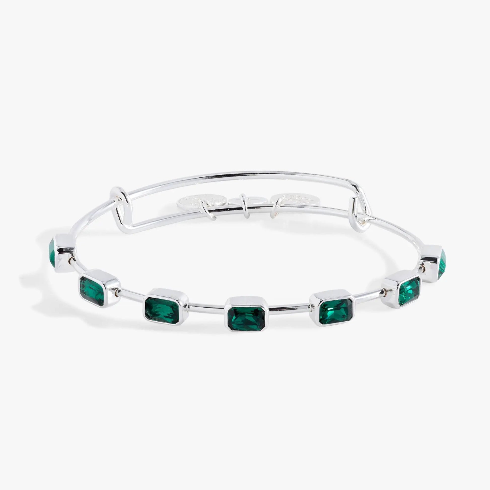 May Birthstone Emerald Cut Bangle by ALEX AND ANI with emerald-green stones on silver links on Tampa Home & Garden Store