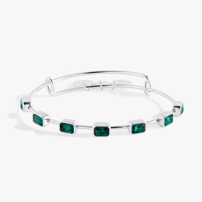 May Birthstone Emerald Cut Bangle by ALEX AND ANI with emerald-green stones on silver links on Tampa Home & Garden Store