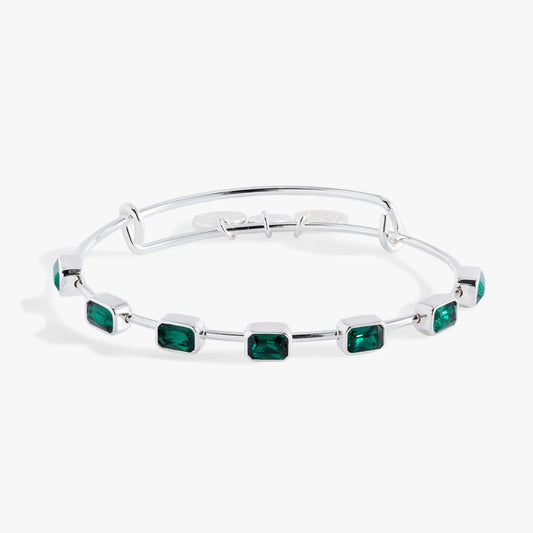 May Birthstone Emerald Cut Bangle by ALEX AND ANI with emerald-green stones on silver links on Tampa Home & Garden Store
