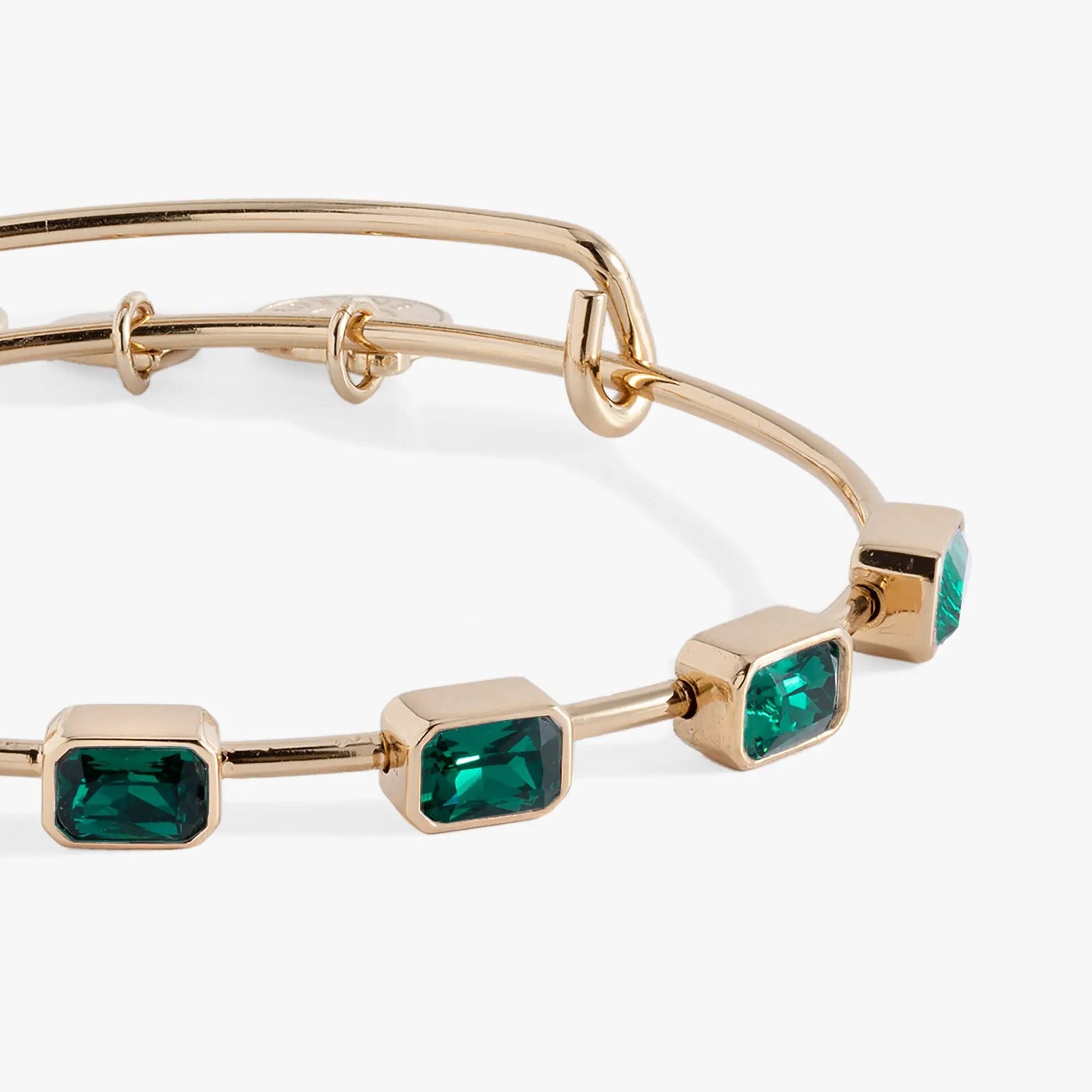 May Birthstone Emerald Cut Bangle from ALEX AND ANI; gold bracelet with emerald-green stones on Tampa Home & Garden Store