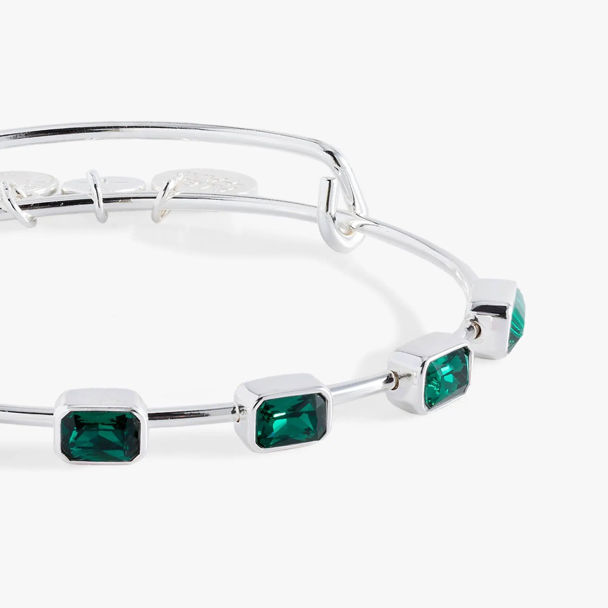 ALEX AND ANI May Birthstone Emerald Cut Bangle, silver bracelet with emerald stones on Tampa Home & Garden Store