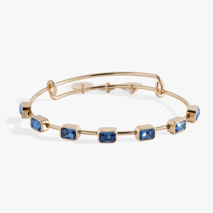 September Birthstone Emerald Cut Bangle by Alex Ani with blue stones on gold-tone bracelet on Tampa Home & Garden Store