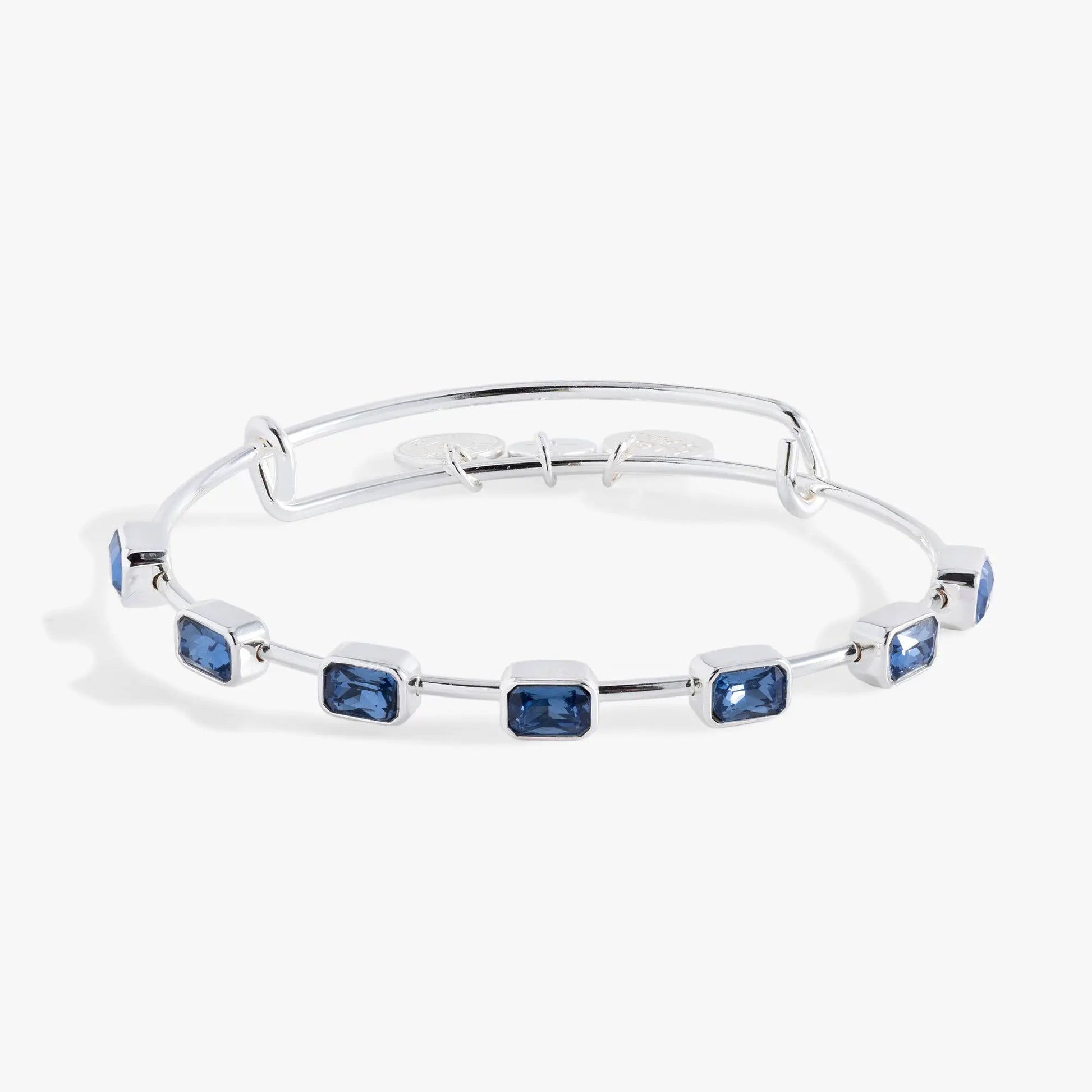 September Emerald Cut Bangle with blue stones in a silver bracelet by Alex and Ani on Tampa Home & Garden Store
