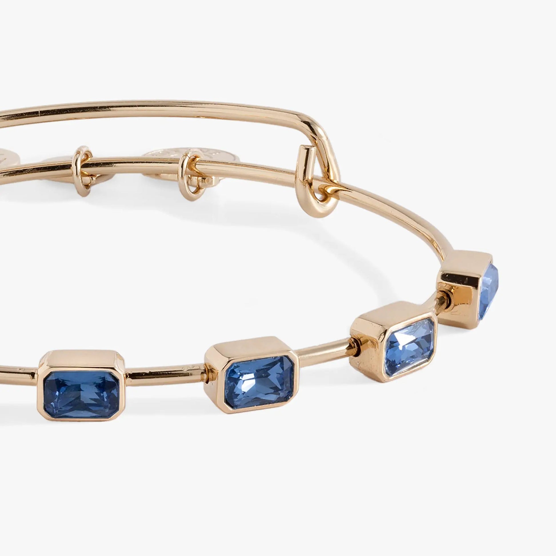 September Birthstone emerald-cut blue bangle by ALEX AND ANI in gold-tone metal on Tampa Home & Garden Store
