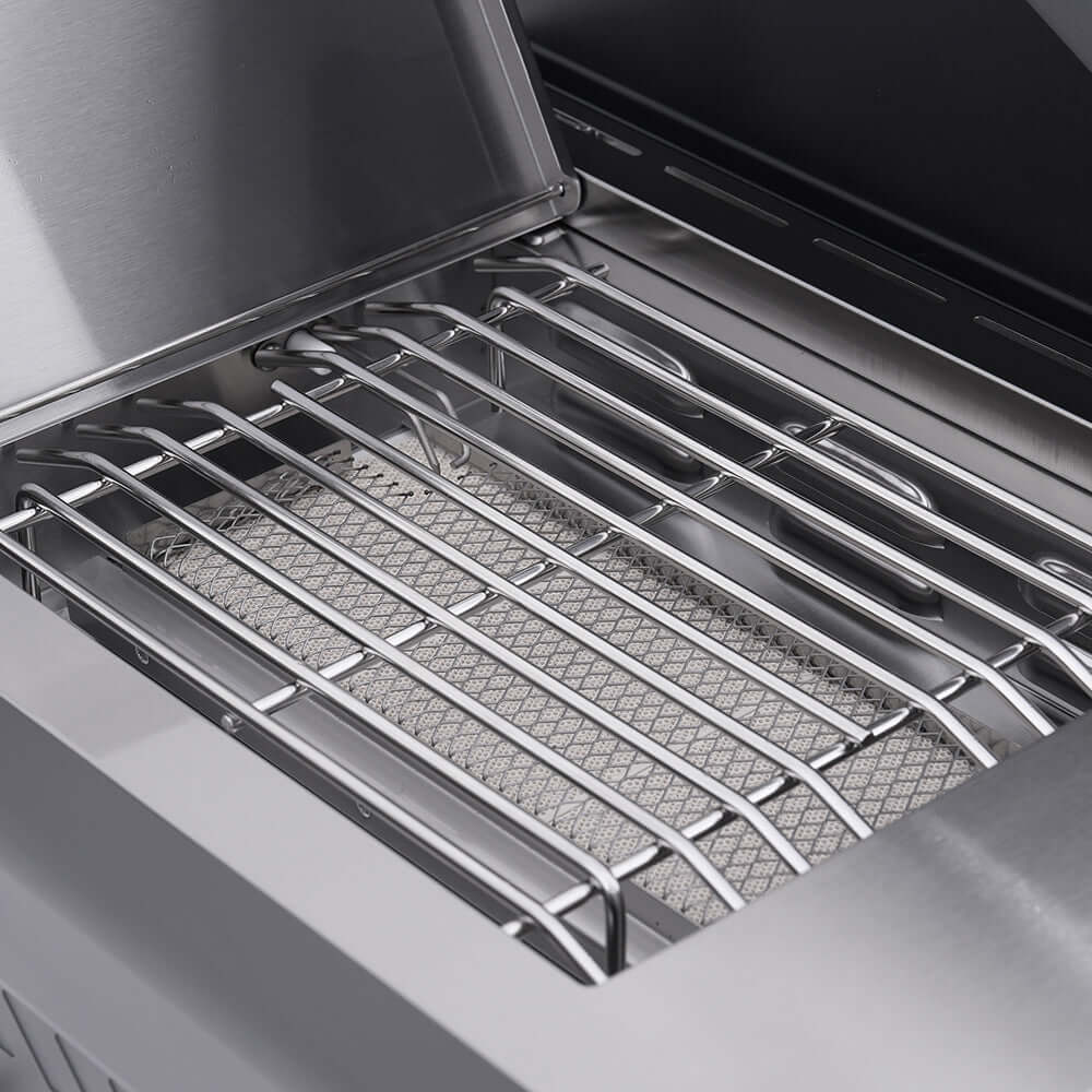 Eminence 405 6-Burner gas grill interior with stainless steel cooking grates on Tampa Home & Garden Store