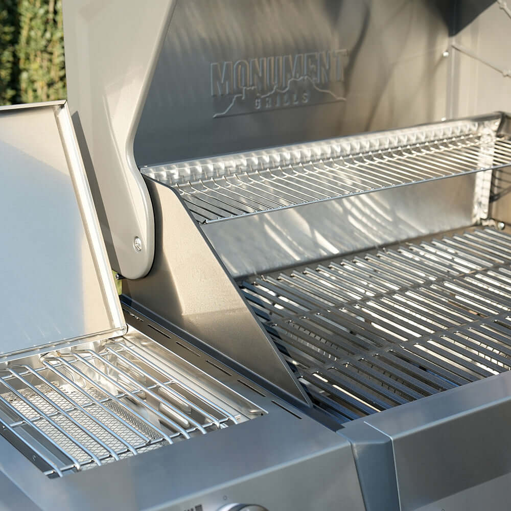 Eminence 405 Chic Clearview stainless gas grill interior with dual chrome racks by Monument Grills on Tampa Home & Garden Store