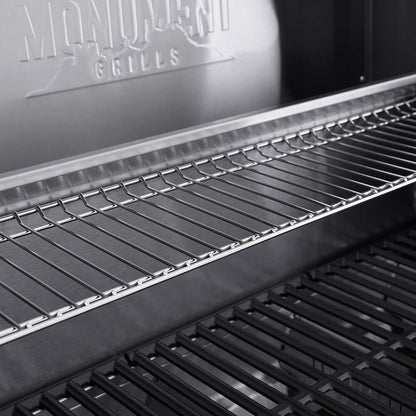 Eminence 405 Clearview stainless gas grill close-up rack with Monument Grills logo on Tampa Home & Garden Store