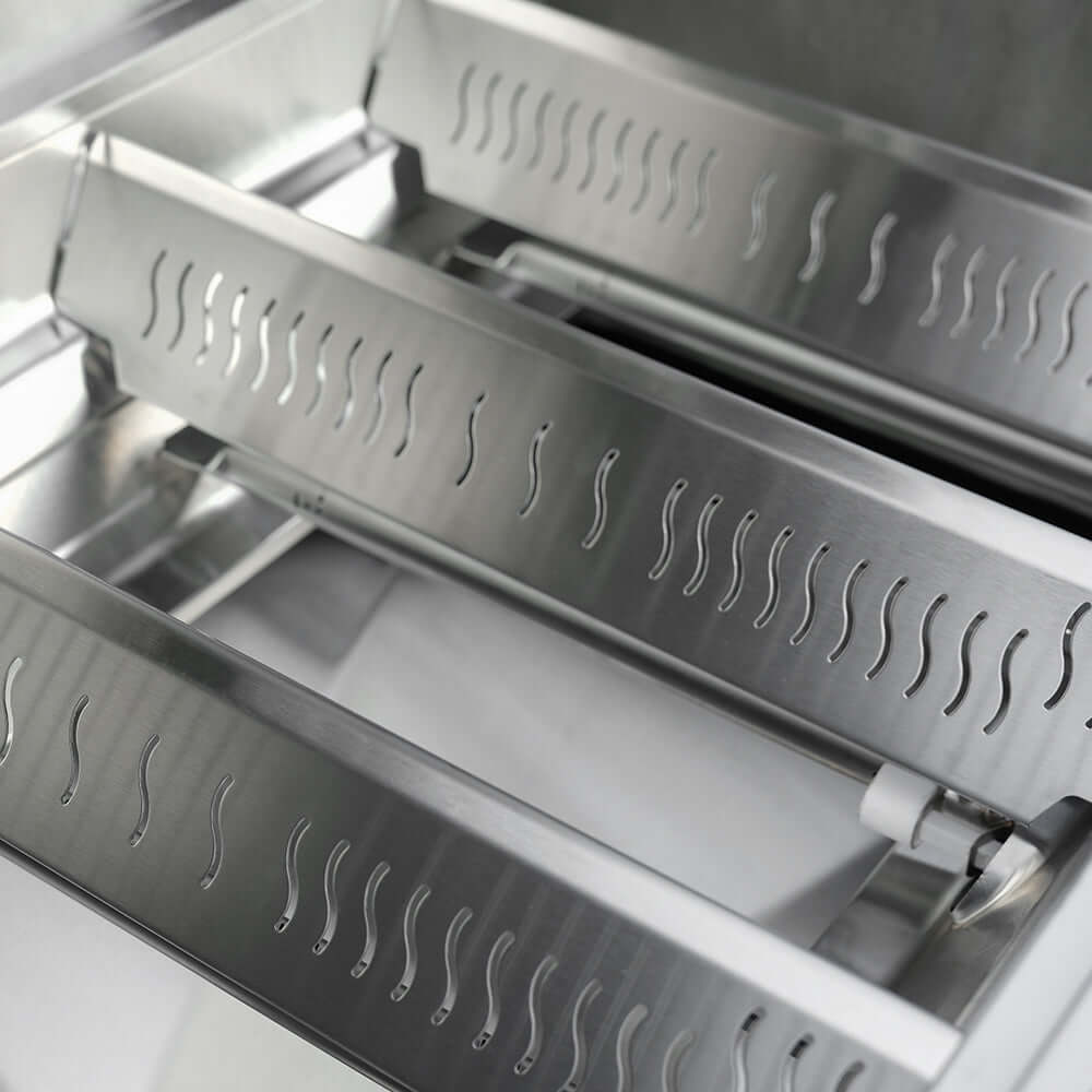 Monument Grills Eminence 425 6 Burner Grill interior stainless heat shields on Tampa Home & Garden Store