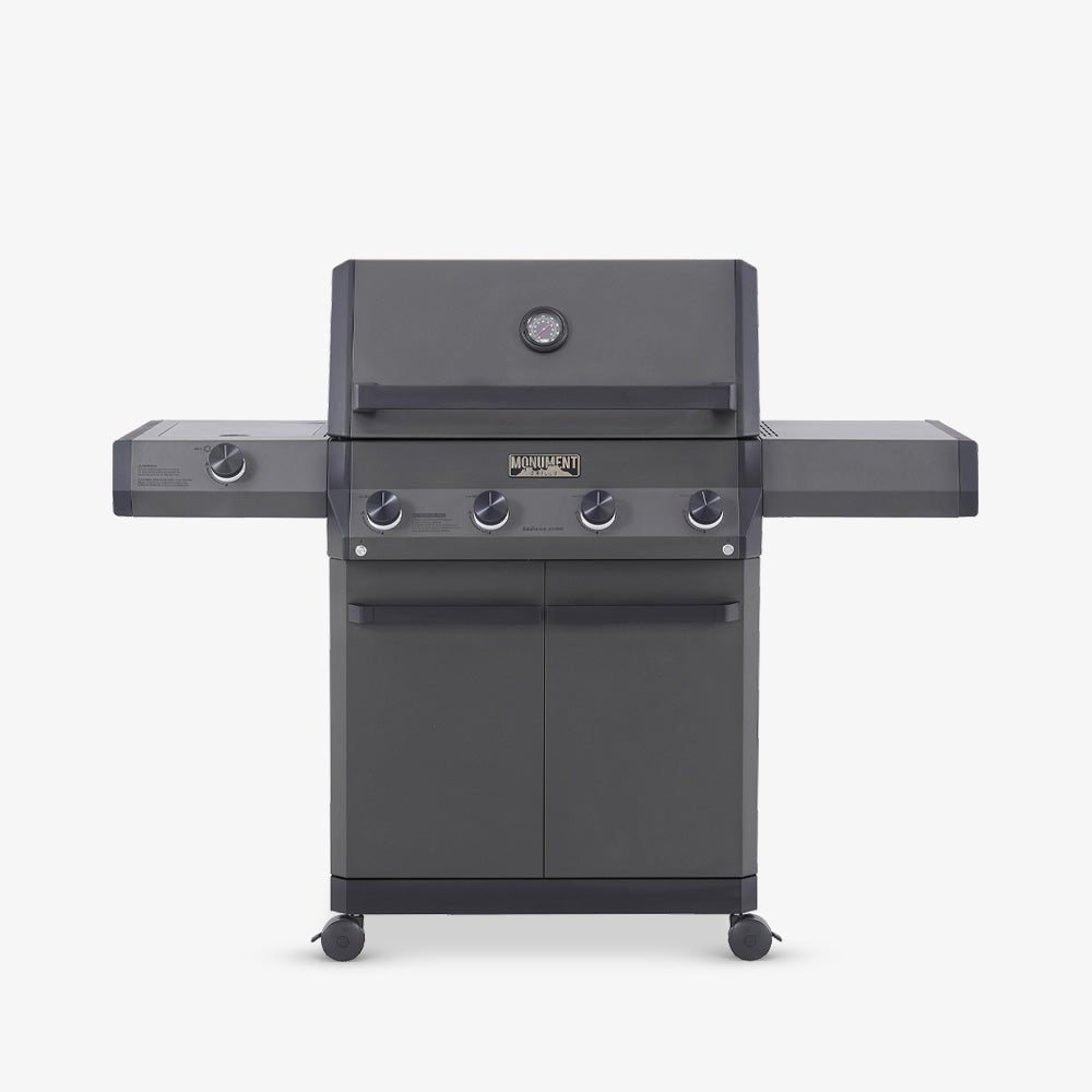 Monument Grills Eminence 425 6-burner propane gas grill with side shelves in dark gray on Tampa Home & Garden Store