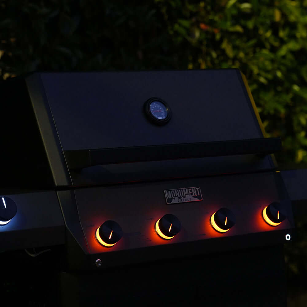 Eminence 425 6-burner propane outdoor grill by Monument Grills in black with built-in thermometer on Tampa Home & Garden Store