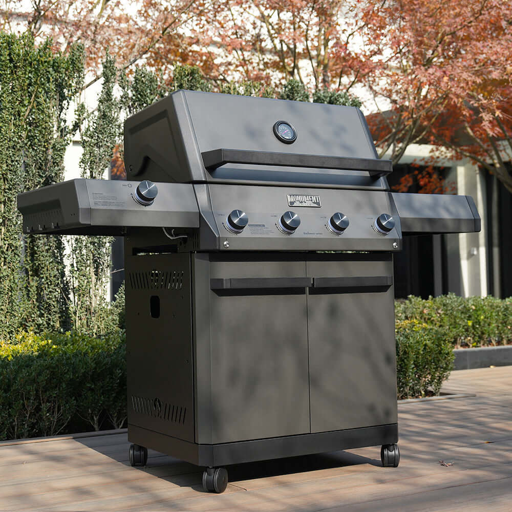 Monument Grills Eminence 425 6-burner propane grill in stainless with lid thermometer on Tampa Home & Garden Store