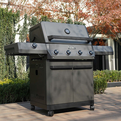 Monument Grills Eminence 425 6-burner propane grill in stainless with lid thermometer on Tampa Home & Garden Store